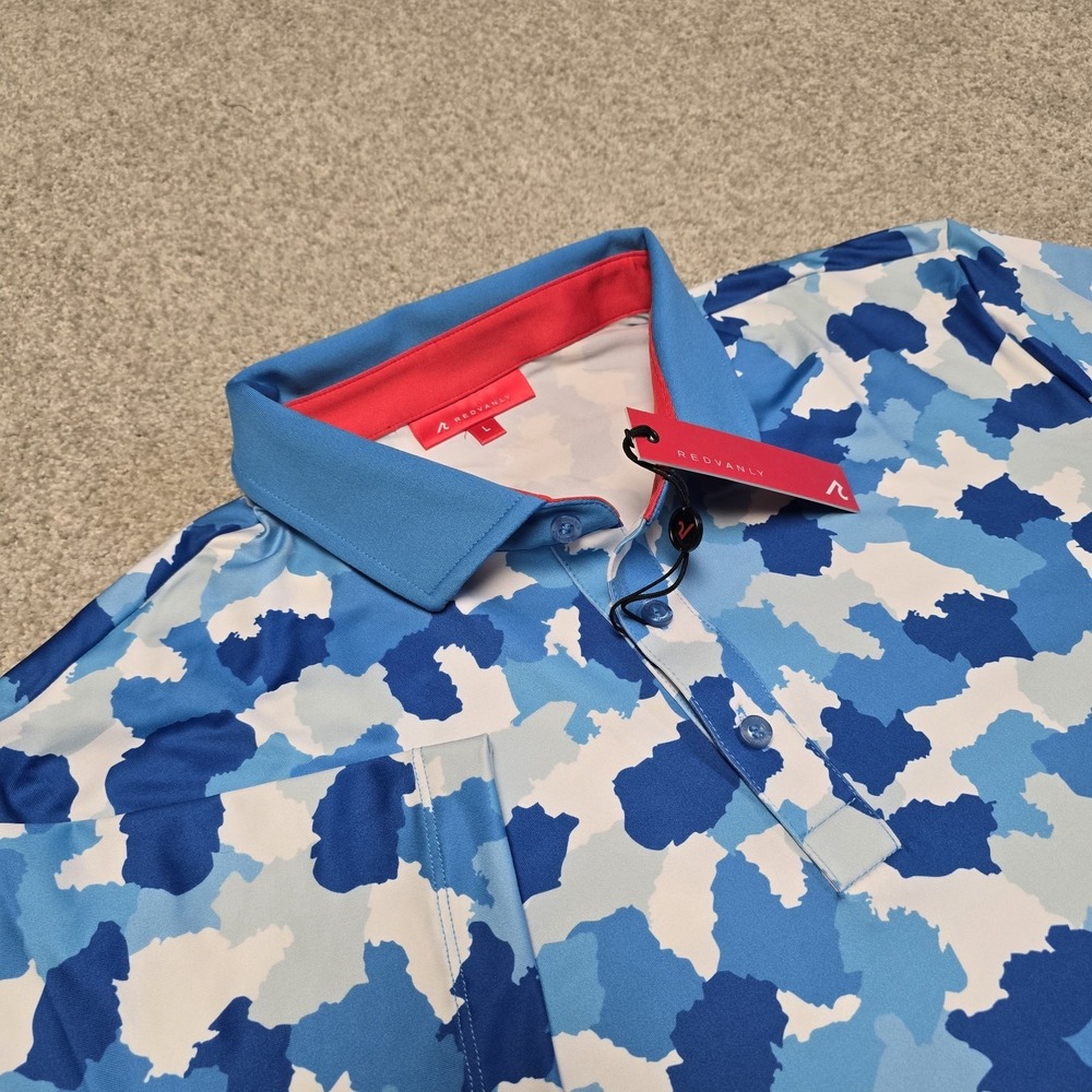 Redvanly Dawson Polo Shirt Large Malibu Blue Camo Golf Athletic Performance NWT